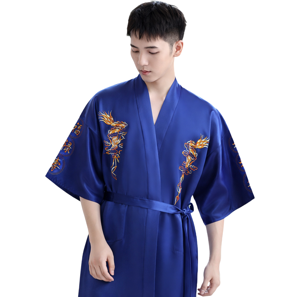 Men’s Embroidered Dragon Kimono Robe – Fortune & Longevity Design