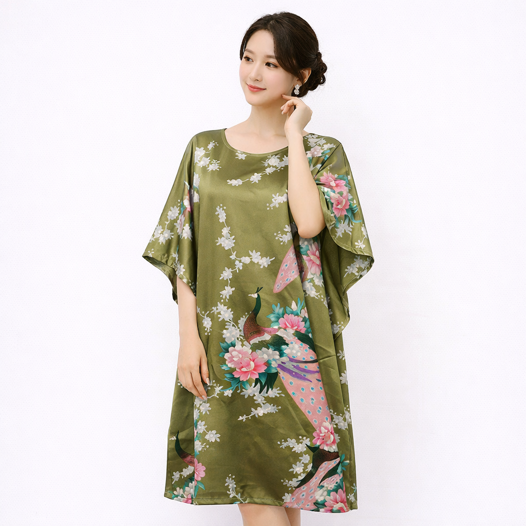 Luxury Silk-Feel Batwing Sleeve Peacock Kaftan Dress – One Size Relaxed Fit (Length 110–115cm)