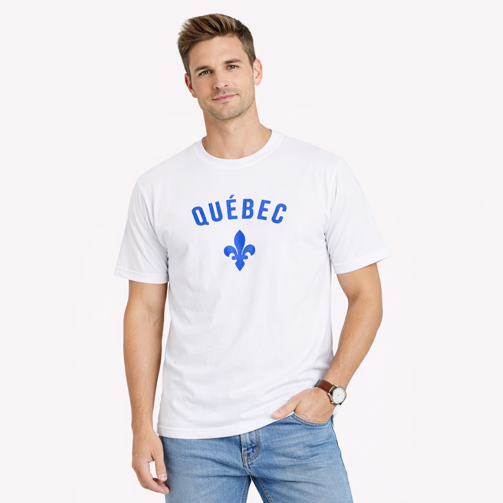 Quebec souvenir t shirt fleur de lis graphic white unisex tee blue design