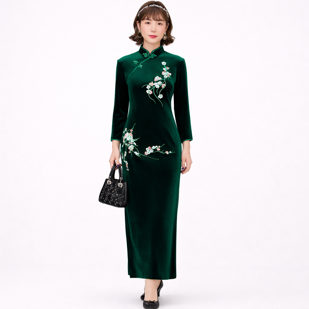 legant Velvet Qipao Dress – Premium Embroidered Slim Fit Cheongsam
