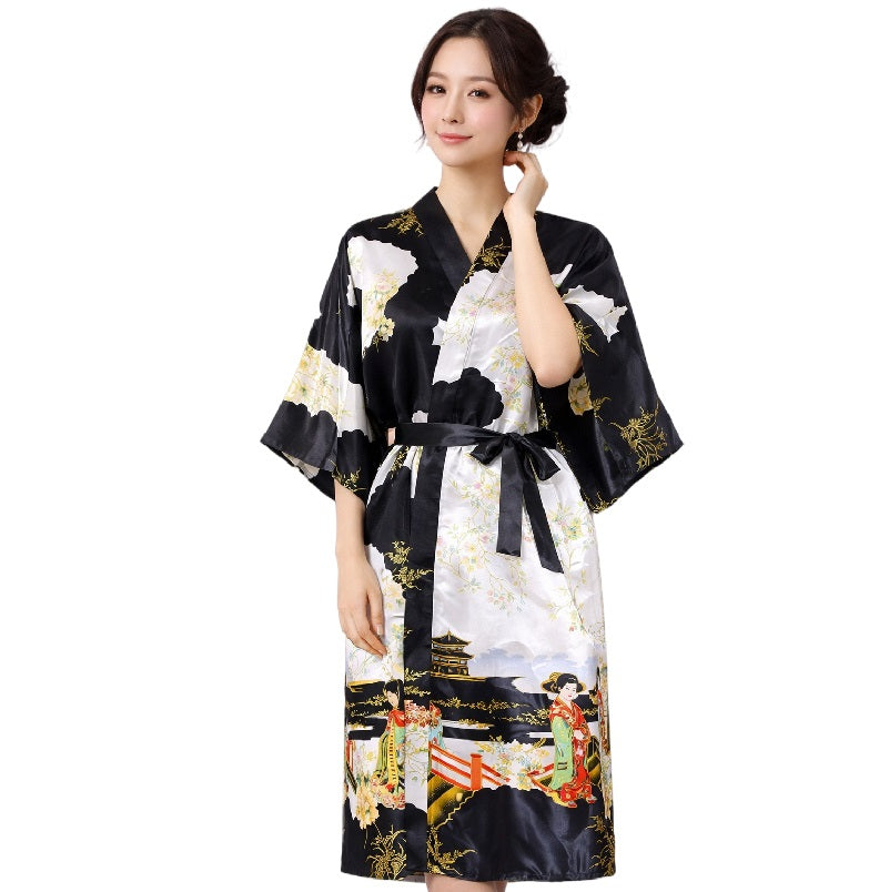 Elegant Japanese Beauty Kimono Robe – Faux Silk Satin, Lightweight & Graceful