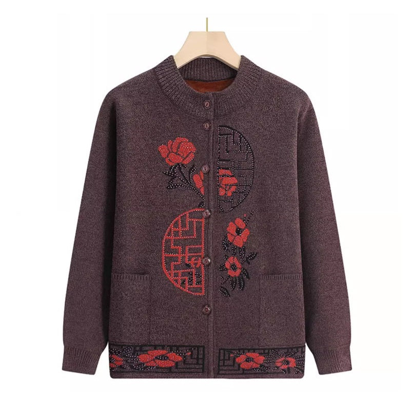 Elegant Floral Pattern Knit Cardigan – Soft Lightweight Sweater for Women (No Fleece)