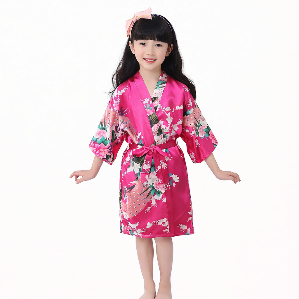 Pyjama chemise de nuit soyeuse kimono en satin paon pour enfant Premium peignoir de douche