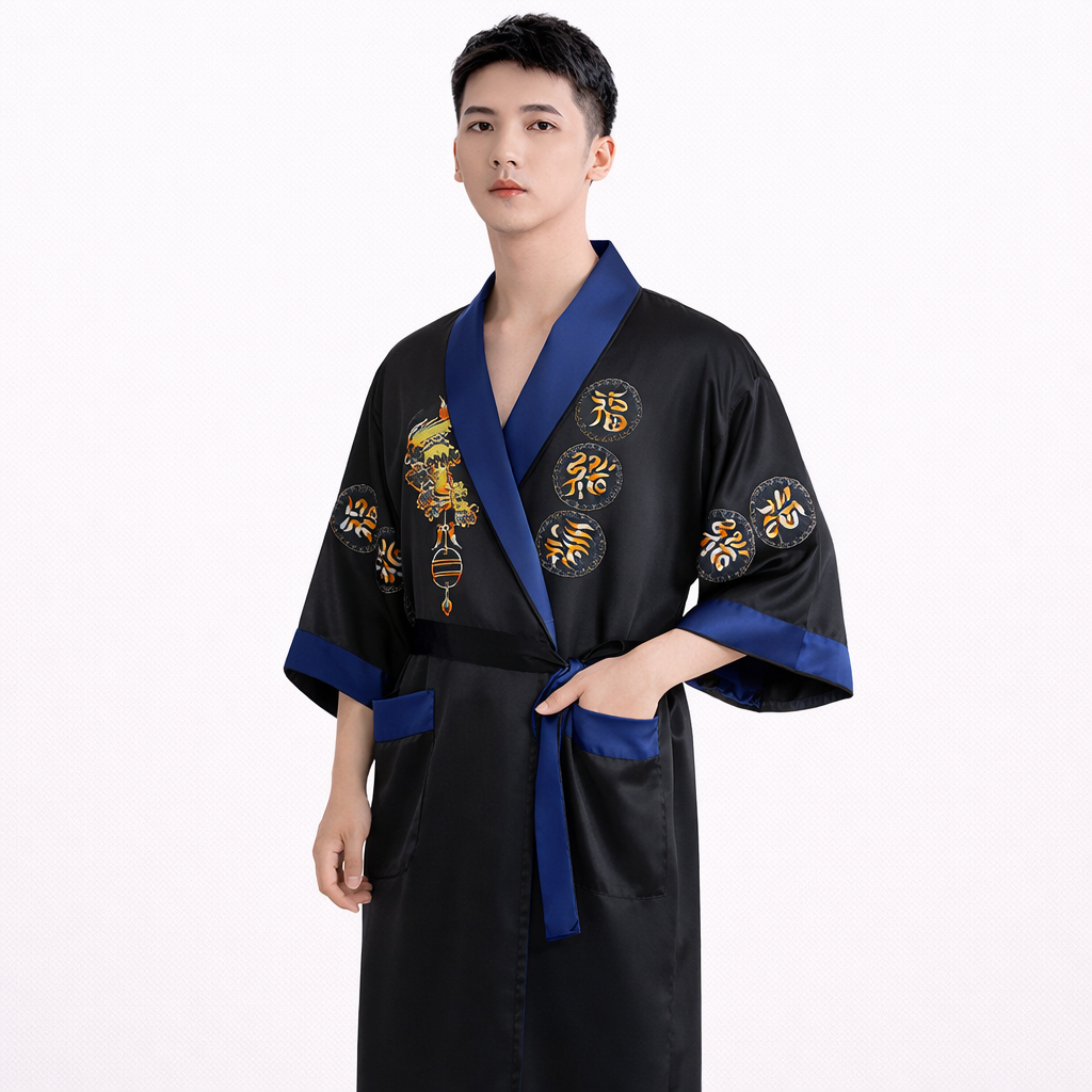 Reversible Men’s Chinese Silk Robe – Double-Sided Satin Kimono with Embroidery (2-in-1 Design)