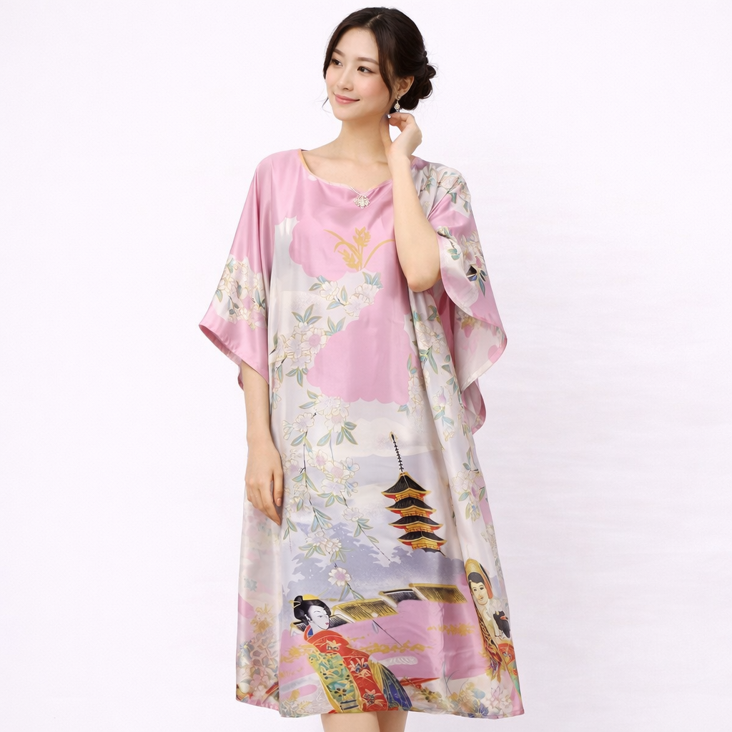 Japanese Beauty Print Satin Dress – Batwing Sleeve Loose Fit Lounge Dress