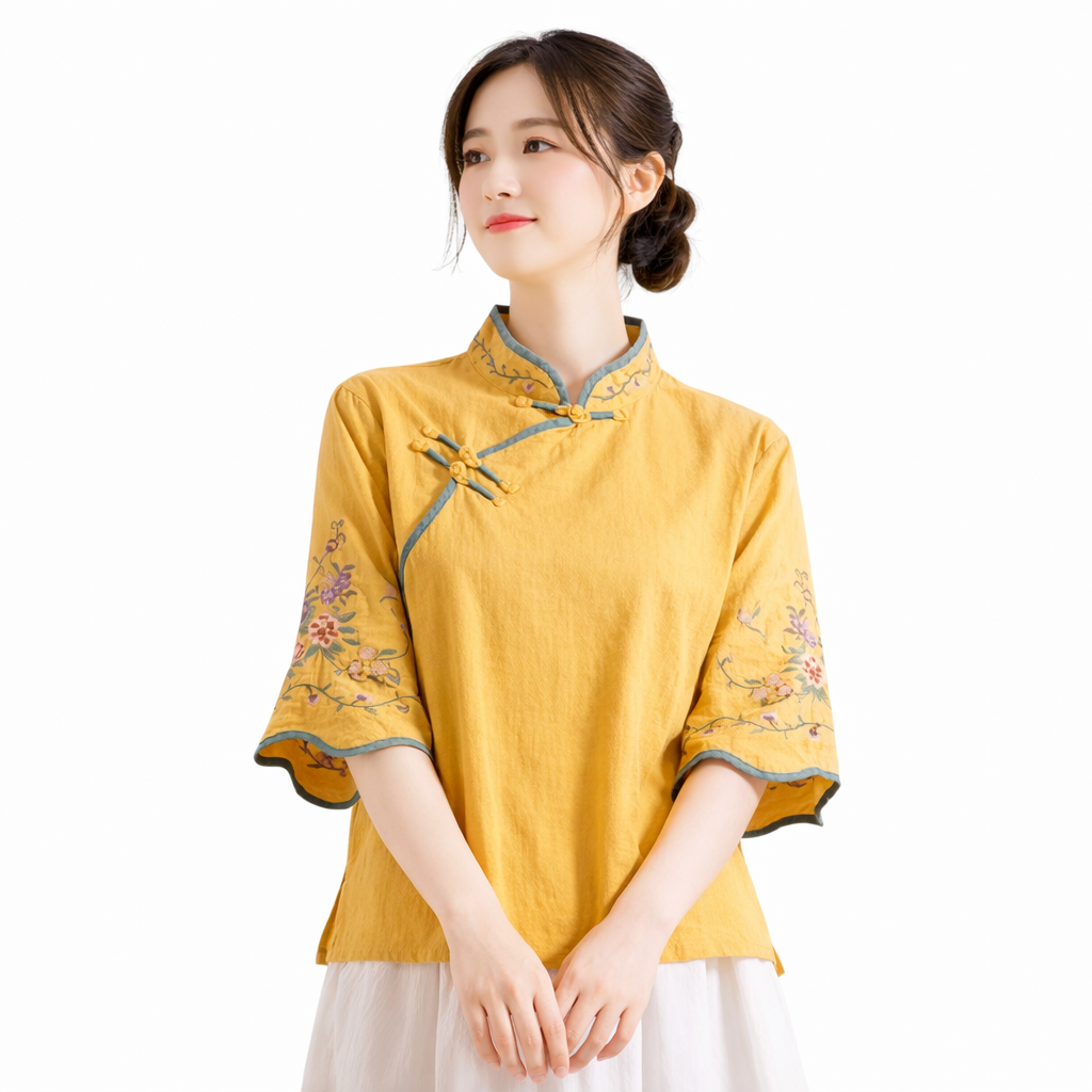 Vintage Chinese Embroidered Linen Blouse – Elegant Republic Style Top