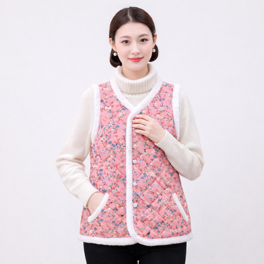 Elegant Floral Quilted Vest – Lightweight Warm Chinese Style Jacket (Spring & Fall)
