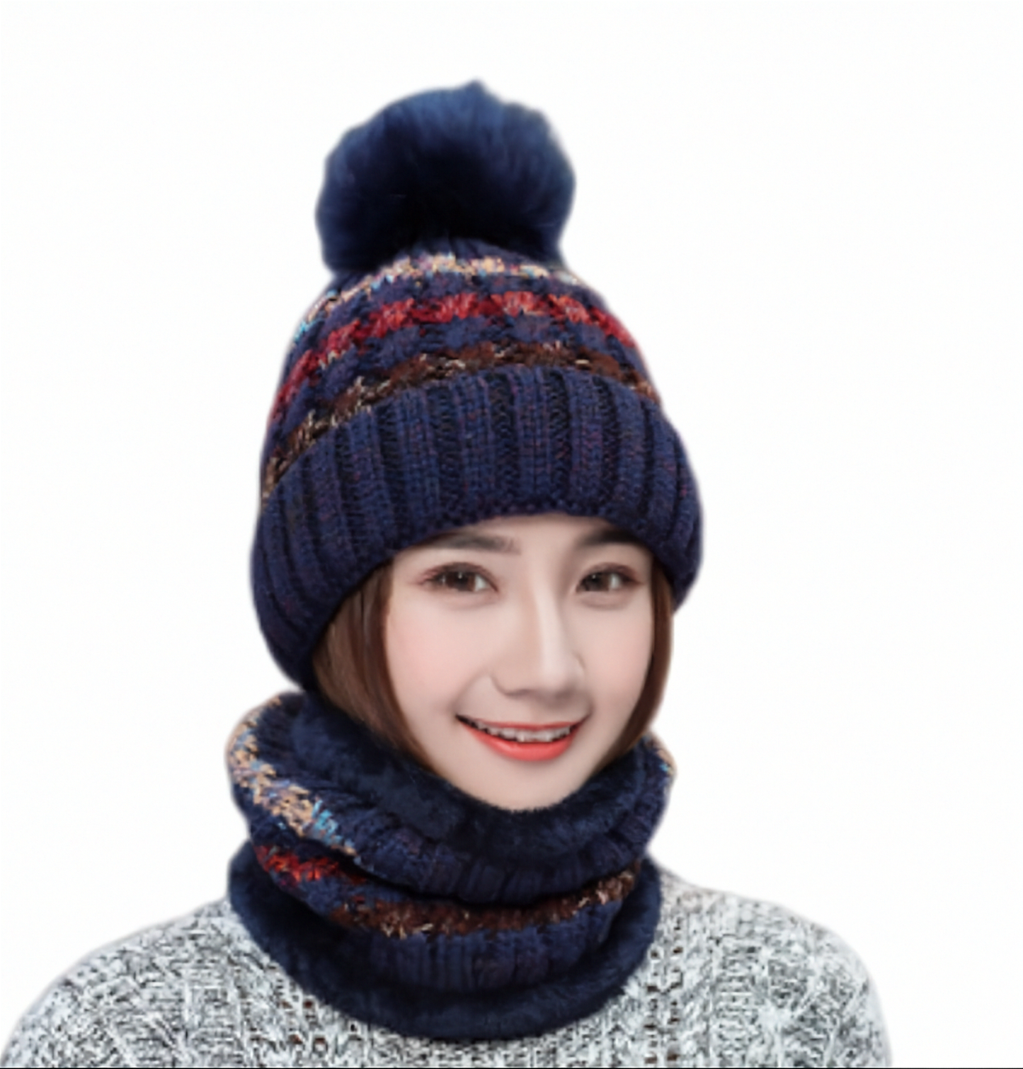 2PCS Women Winter knitted hats +scarf set warm Fleece Lining Ski pompom Caps