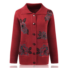 Load image into Gallery viewer, Women's long sleeve lapel open front button down Cardigan, knitted floral Sweater with pockets