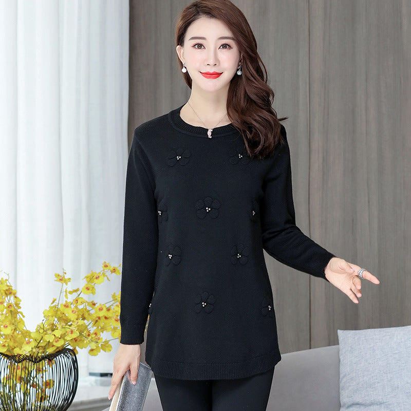 Women's Casual Crew Neck Side Split Pullover Sweater Loose Long Sleeve Jumper Tops with flower & beads