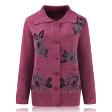 Load image into Gallery viewer, Women's long sleeve lapel open front button down Cardigan, knitted floral Sweater with pockets