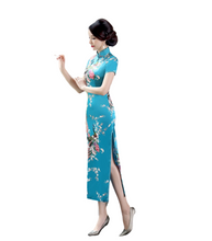 Load image into Gallery viewer, Women summer stand collar short sleeve classic peacock pattern long cheongsam chinses dress