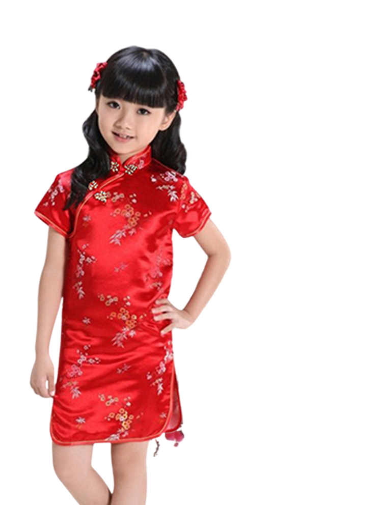 Kids summer stand collar sleeveless cheongsam classic pattern chines dress