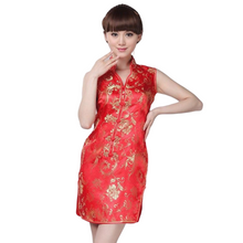 Load image into Gallery viewer, V-neck Sleeveless short sexy Dresses ,Mini brocade satin phoenix tail Cheongsam