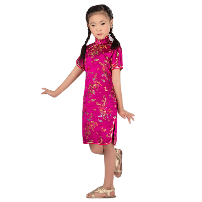 Kids stand collar short sleeves classic pattern cheongsam