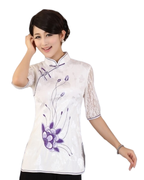 White Women's stand collar elbow-length sleeve back zip embroidery blouses tops with lace