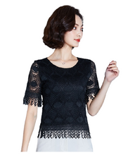 Load image into Gallery viewer, Women's scoop neck short sleeve solid colors lace sexy tops summer blouses with Fringe