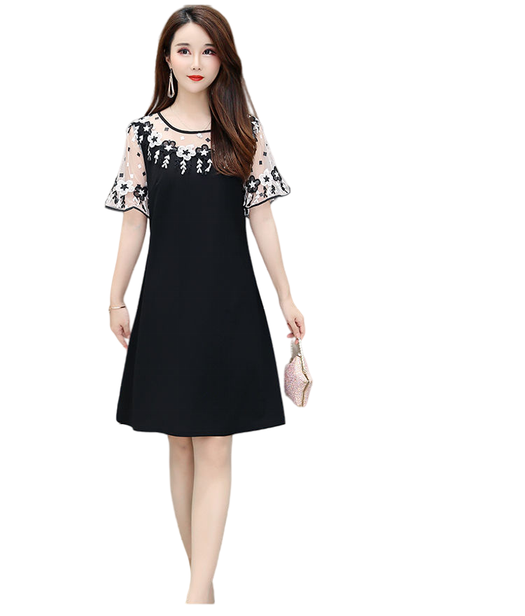 Women's Scoop neck short sleeve black & white lace loose fit dress Wedding Bridal Flowy Dresses