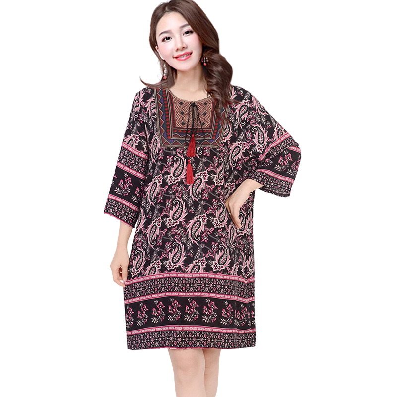 New ethnic style, plus size dress, mid-sleeve mid-length dress, Cotton and linen dress