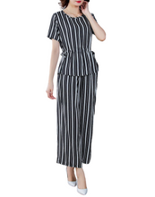 Load image into Gallery viewer, Women's Stripe suit Summer 2 Piece Scoop neck Short sleeve loose fit tops & wide Pants