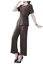 Load image into Gallery viewer, Women's Stripe suit Summer 2 Piece Scoop neck Short sleeve loose fit tops & wide Pants