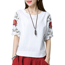 Load image into Gallery viewer, Summer cotton Crewneck elbow sleeve with embroidery Rounded hem tops Causal Blouses