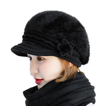 Load image into Gallery viewer, Women's solid colors visor fuzzy fleece warm hats knitted causal caps with small flower