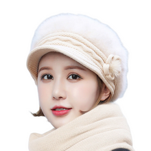 Load image into Gallery viewer, Women's solid colors visor fuzzy fleece warm hats knitted causal caps with small flower