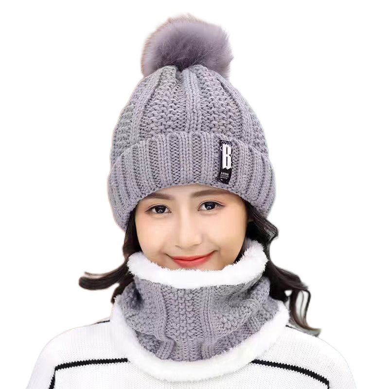 Women's 2PCS solid knitted Beanie Hat+ scarf set Warm Fleece Lined Soft Ski pompom Cap