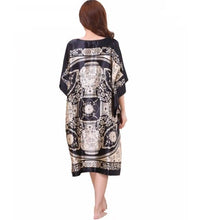Load image into Gallery viewer, Women's Satin Tunic Plus Size crewneck batwing sleeve loose fit Dress Black & gold Kimono