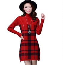 Load image into Gallery viewer, Women's British style plaid Turtleneck knitted dress long sweaters