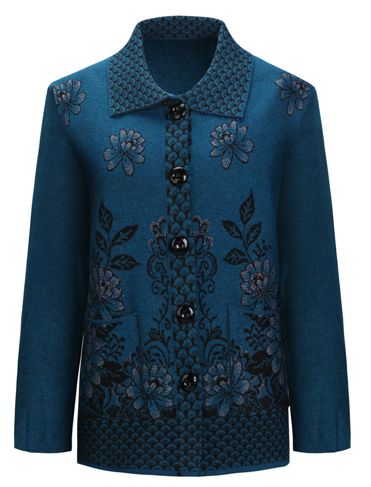Women's lapel long sleeve open front button down Fish scales floral cardigan, knitted jacket with pockets