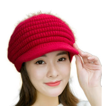 Load image into Gallery viewer, Women's solid visor Warm fleece lined cable Hats rabbit fur Snow Ski Caps