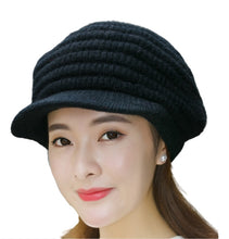 Load image into Gallery viewer, Women's solid visor Warm fleece lined cable Hats rabbit fur Snow Ski Caps