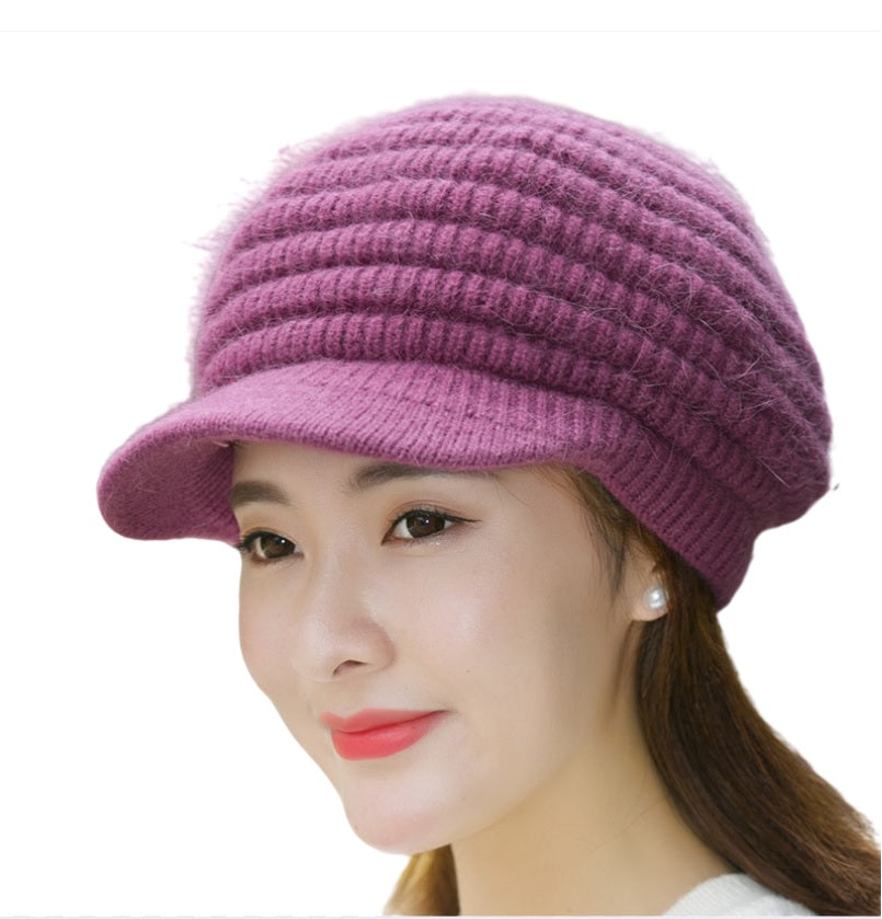 Women's solid visor Warm fleece lined cable Hats rabbit fur Snow Ski Caps