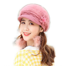 Load image into Gallery viewer, Women's solid visor Warm fleece floral Hats rabbit fur Snow Ski Caps