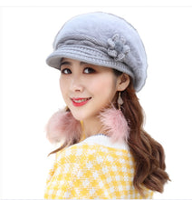 Load image into Gallery viewer, Women's solid visor Warm fleece floral Hats rabbit fur Snow Ski Caps