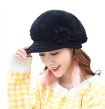Load image into Gallery viewer, Women's solid visor Warm fleece floral Hats rabbit fur Snow Ski Caps