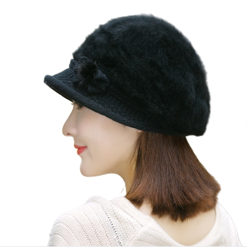Winter's elegant solid fuzzy fleece warm Knitted bucket hats Rabbits fur hats,