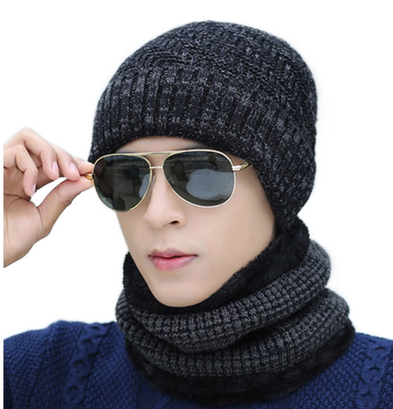 Men‘s 2PCS Winter solid Beanie Hat + Scarf Set Warm Fleece Lined Ski Cap