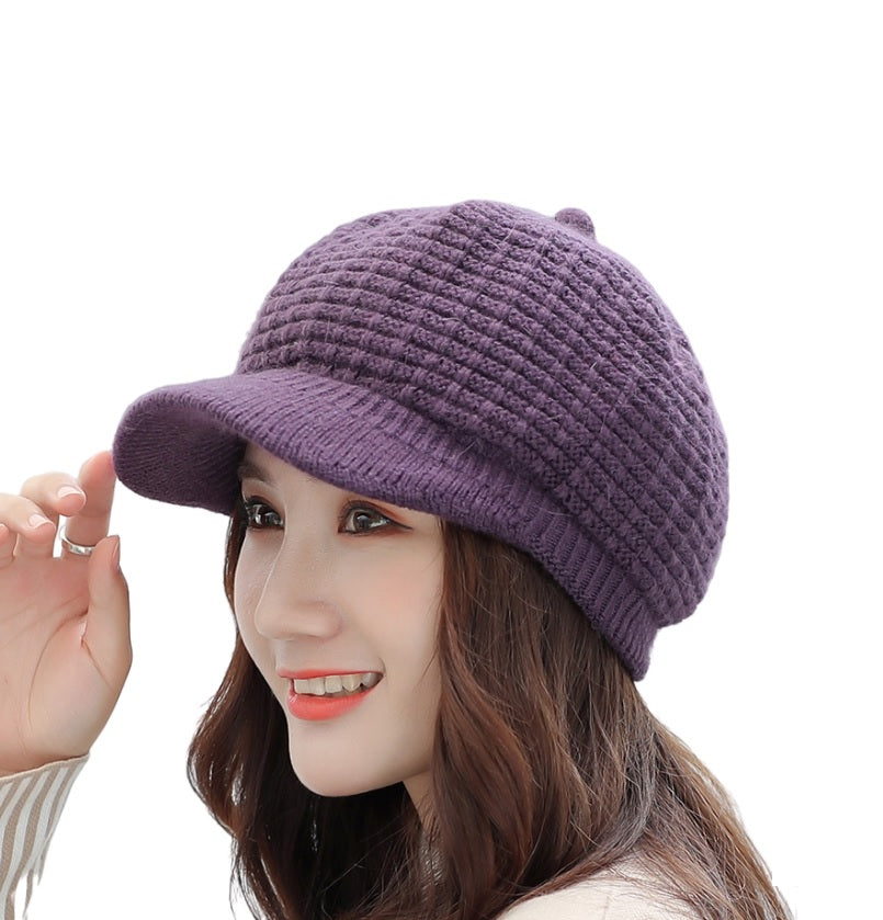 Women's winter visor fleece lining warm hats chunky cable knit ski caps