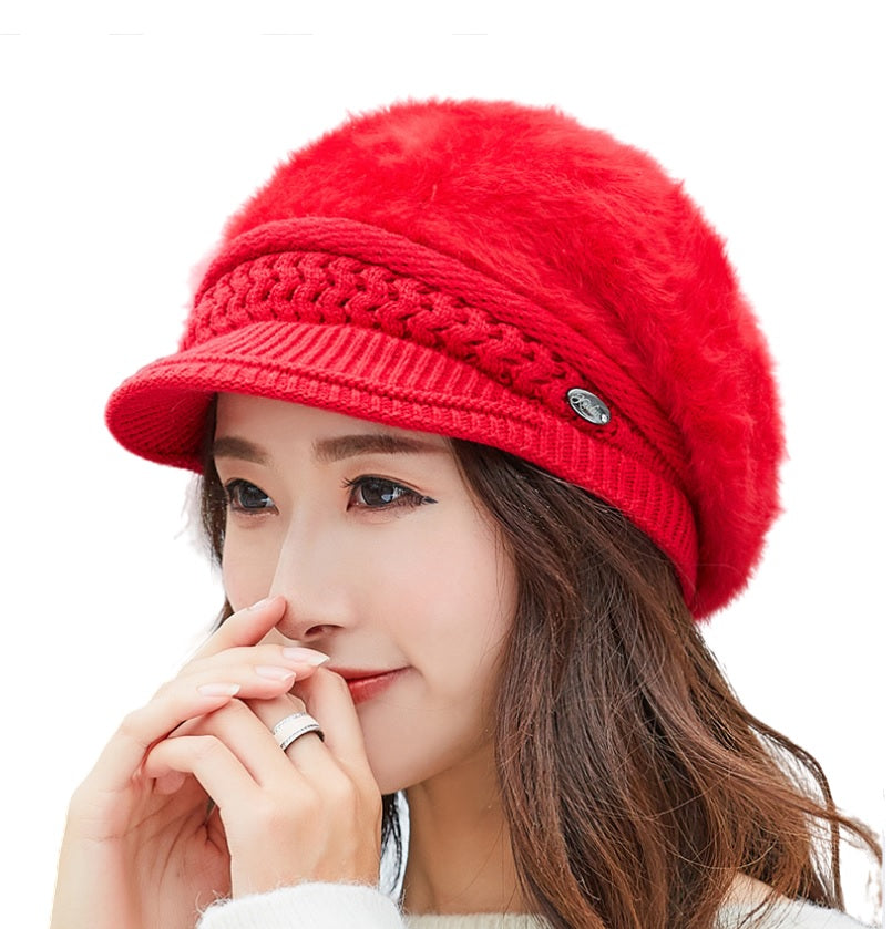 Winter's solid visor fuzzy fleece warm caps chunky cable Knit casual hats