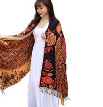 Load image into Gallery viewer, Women's warm double layer pashmina peacock pattern Shawl Wrap Scarf stole w/Fringe & w/gold line