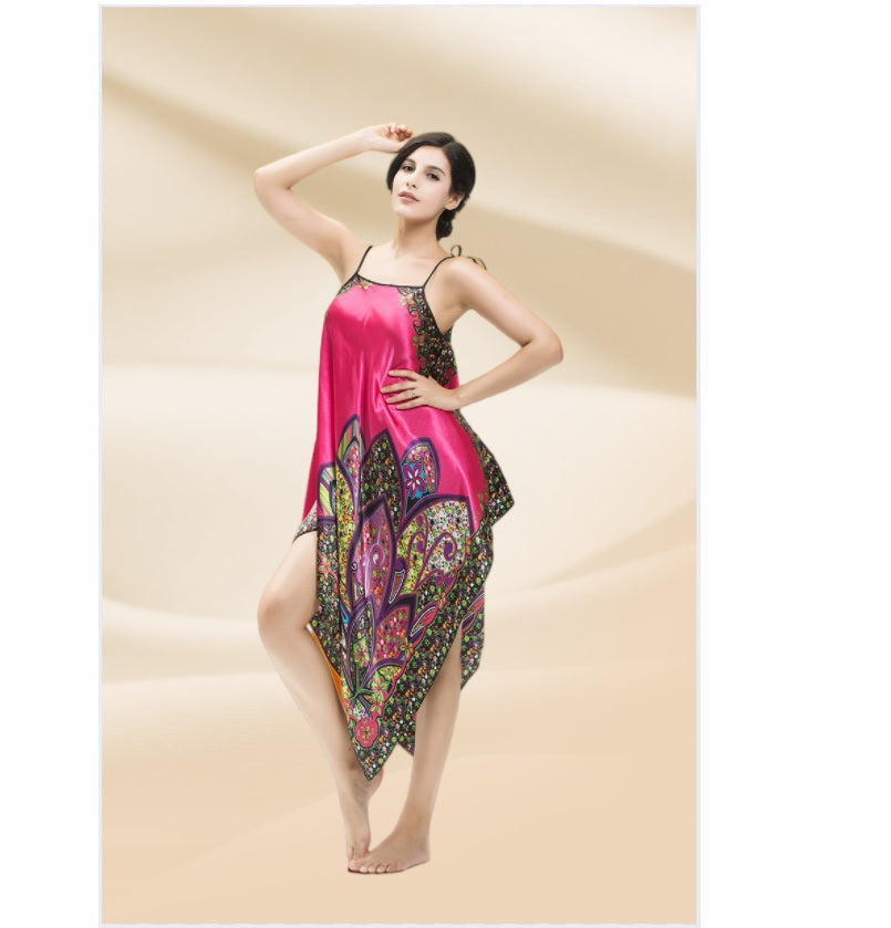 Women's Sex satin Suspender tunic irregular hem dresses pullover robe