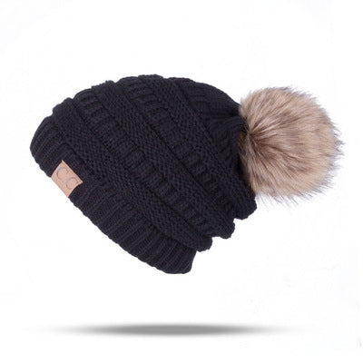 Women’s solid colors knitted beanie Hats fleece Lining caps with fur pompom