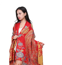 Load image into Gallery viewer, Women's warm double layer pashmina peacock pattern Shawl Wrap Scarf stole w/Fringe & w/gold line