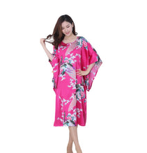 Load image into Gallery viewer, Women's Satin Tunic Plus Size crewneck batwing sleeve loose fit Dress Peacock and Blossoms Printed Kimono Nightgown