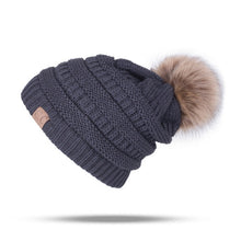 Load image into Gallery viewer, Women’s solid colors knitted beanie Hats fleece Lining caps with fur pompom