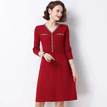 Load image into Gallery viewer, Women's V-neck Long Sleeve waisted long Sweater chunky cable knit warm dresses