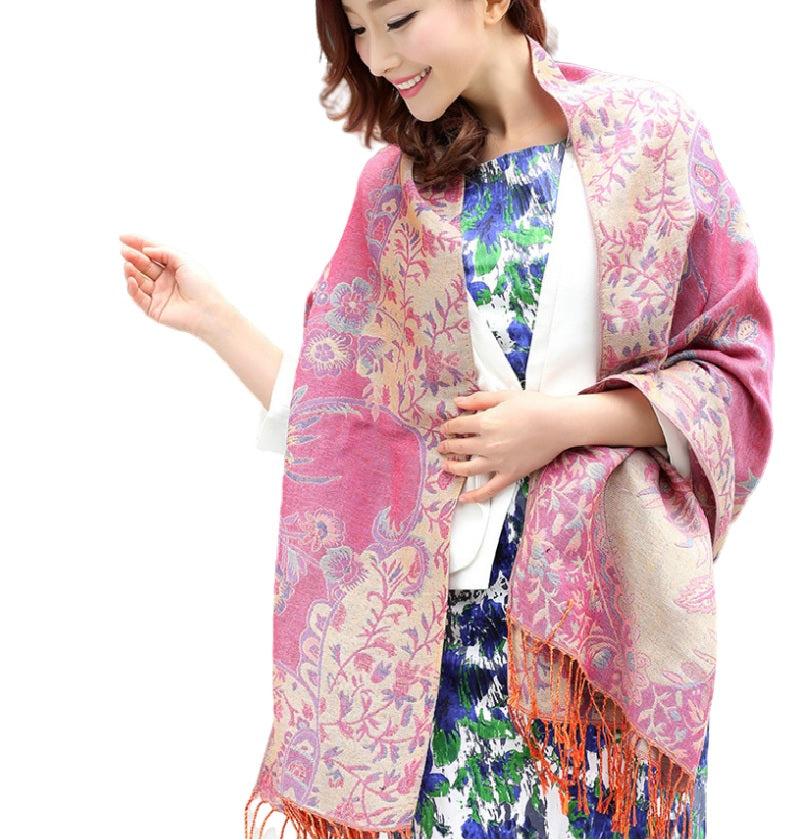Women's warm double layer pashmina floral pattern Shawl Wrap Scarf stole w/Fringe